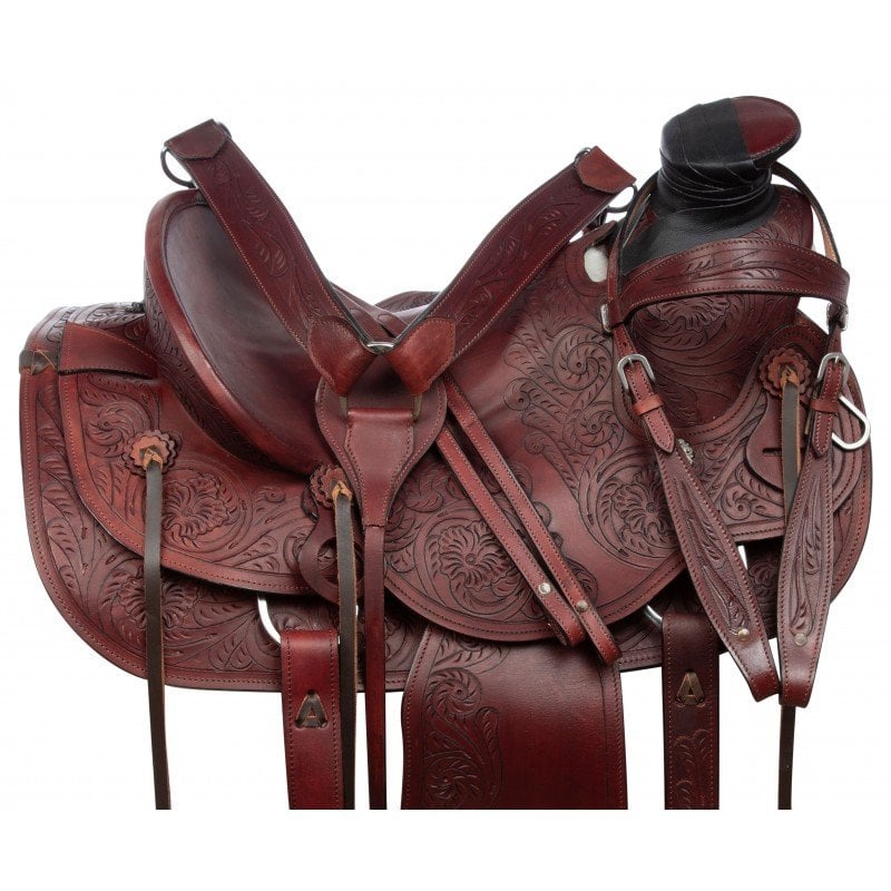 Rustic Mahogany Western A-Fork Wade Tree Roping Tooled Leather Horse Saddle Tack