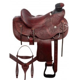 111013 Rustic Mahogany Western A-Fork Wade Tree Roping Tooled Leather Horse Saddle Tack
