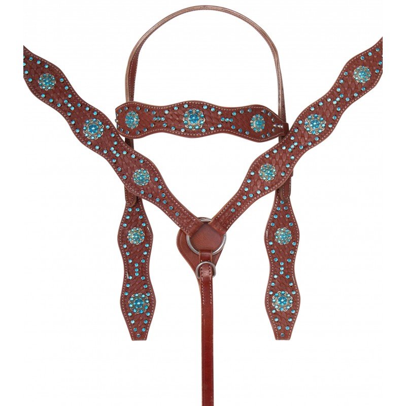 Blue Crystal Western Leather Show Horse Tack Set Headstall Breast Collar Reins