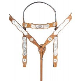 TS044 Chestnut Premium Tooled Western Silver Show Parade Leather Horse Tack Set
