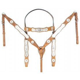 TS044 Chestnut Premium Tooled Western Silver Show Parade Leather Horse Tack Set