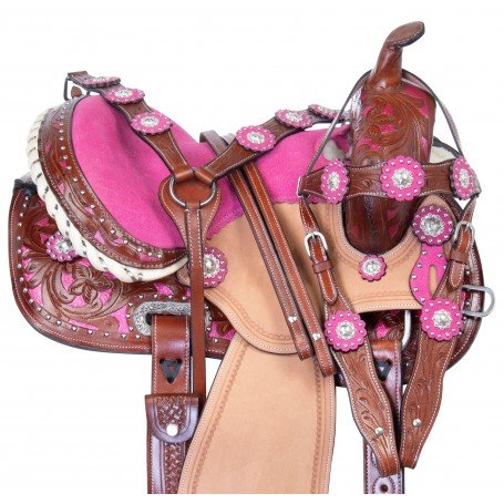 Premium Pink Show Western Barrel Racing Trail Leather Horse Saddle Tack Package 14
