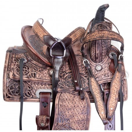 Youth Kids Antique Oil Hard Seat Western Roping Ranch Rodeo Leather Horse Saddle Tack Set