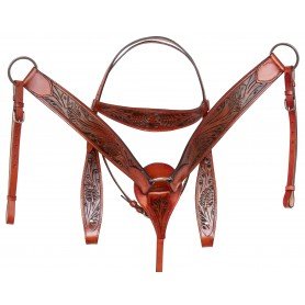 TS058 Medium Oil Western Horse Tack Set Leather Headstall Reins Breast Collar