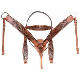 TS059 Hand Carved Western Horse Tack Set Leather Headstall Reins Breast Collar
