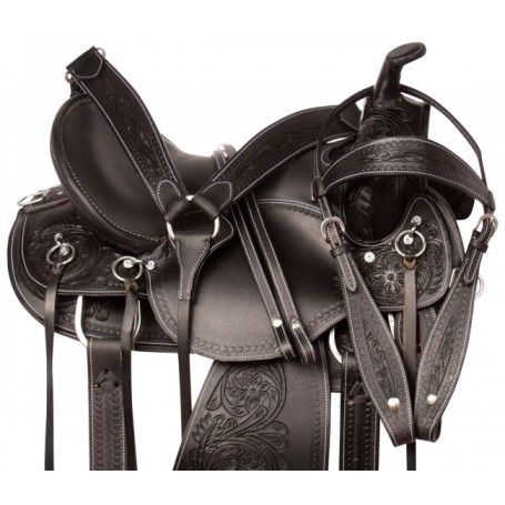 Comfy Western Pleasure Trail Endurance Black Leather Tooled Horse Saddle Tack Set
