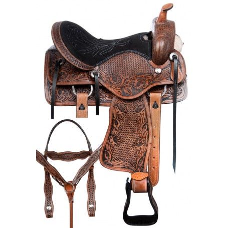 Youth Western Pleasure Saddle with Basket Weave Tooling 12" Black or Brown NEW 