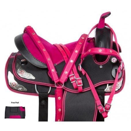 Pink Silver Cowgirl Western Synthetic Trail Show Horse Saddle Tack Set