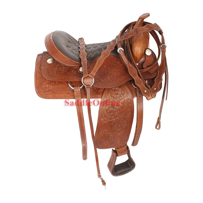 Premium Brown Tooled Saddle Cow Softy Leather Seat 17