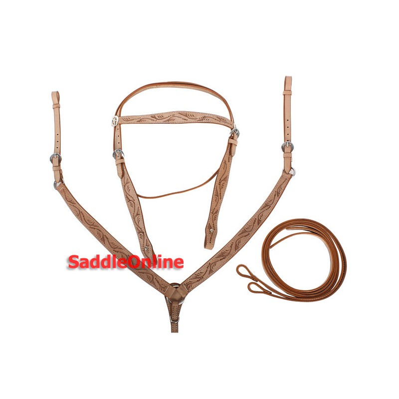 New Carved Headstall Reins Breast Collar Horse Size Tack Set