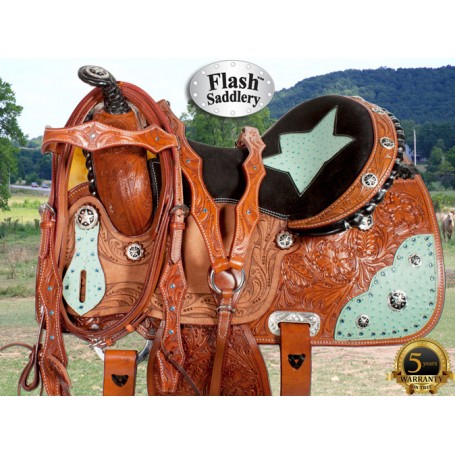 Trail Barrel Saddle Western Leather Horse Turquoise 14 16