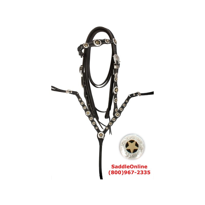 Black Leather Texas Star Headstall Reins Breast Plate Set