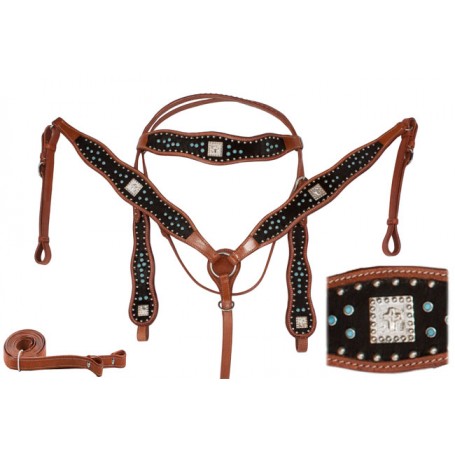 Turquoise Black Hair Hide Leather Headstall Breast Collar