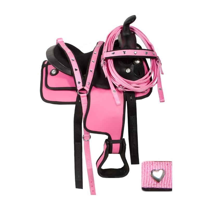 12" Pony Mini Synthetic Black Or Pink Leadline Saddle Leathers Stirrups Girth-3p 